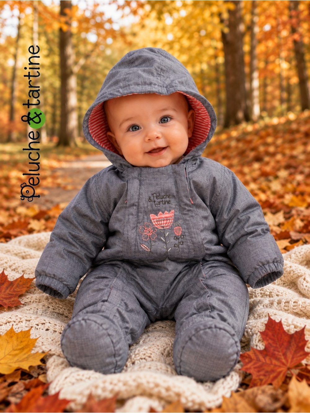 ❄️ Peluche & Tartine Baby Snowsuit Size 3M Grey Coral Fleece Lined Hooded